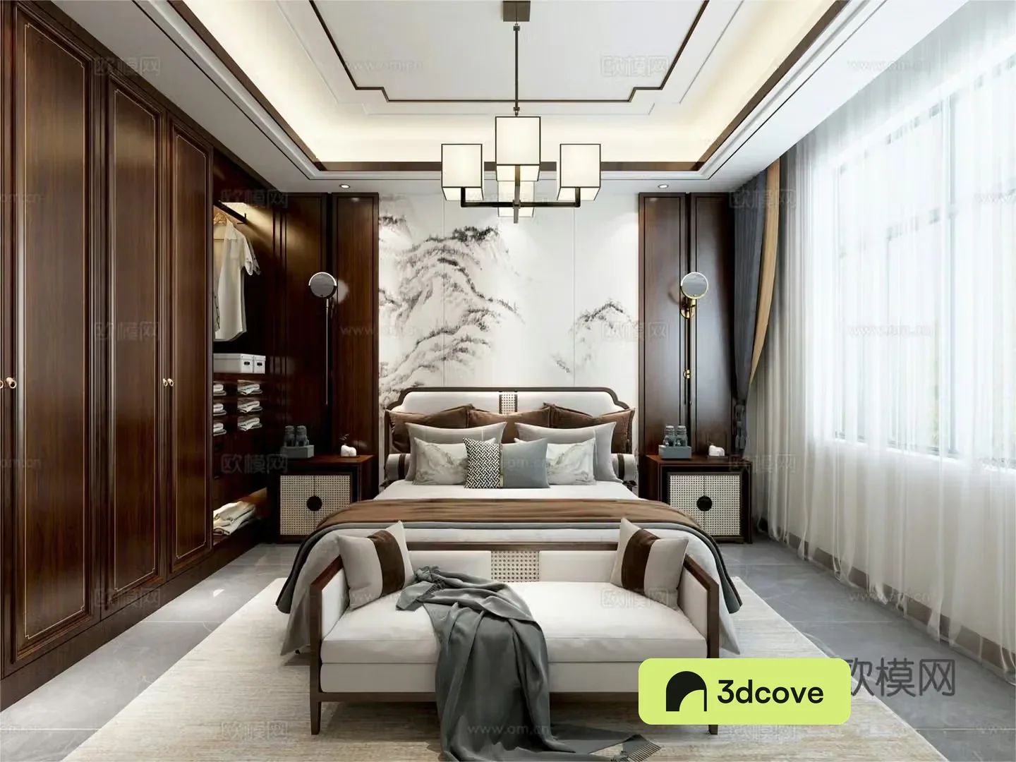 New Chinese style bedroom double bed nightstand wall lamp carpet jewelry ornaments desk lamp