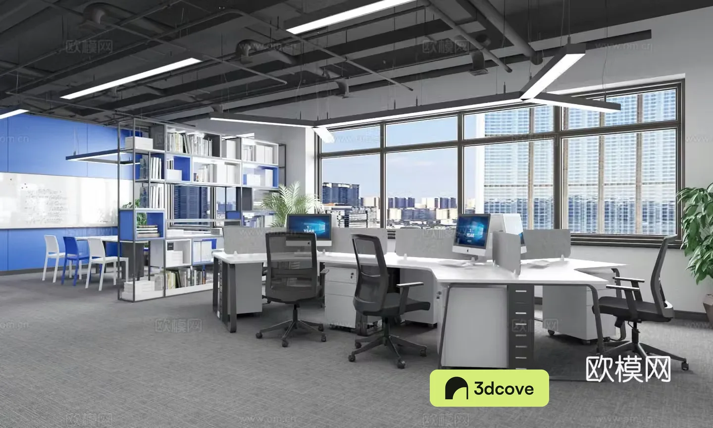 Industrial style open office area small meeting area Y-shaped office desk small negotiation area
