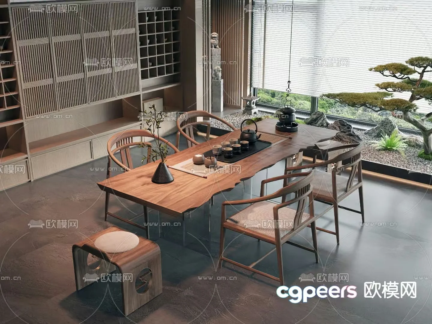 New Chinese style tea table and chairs solid wood tea table 3d model