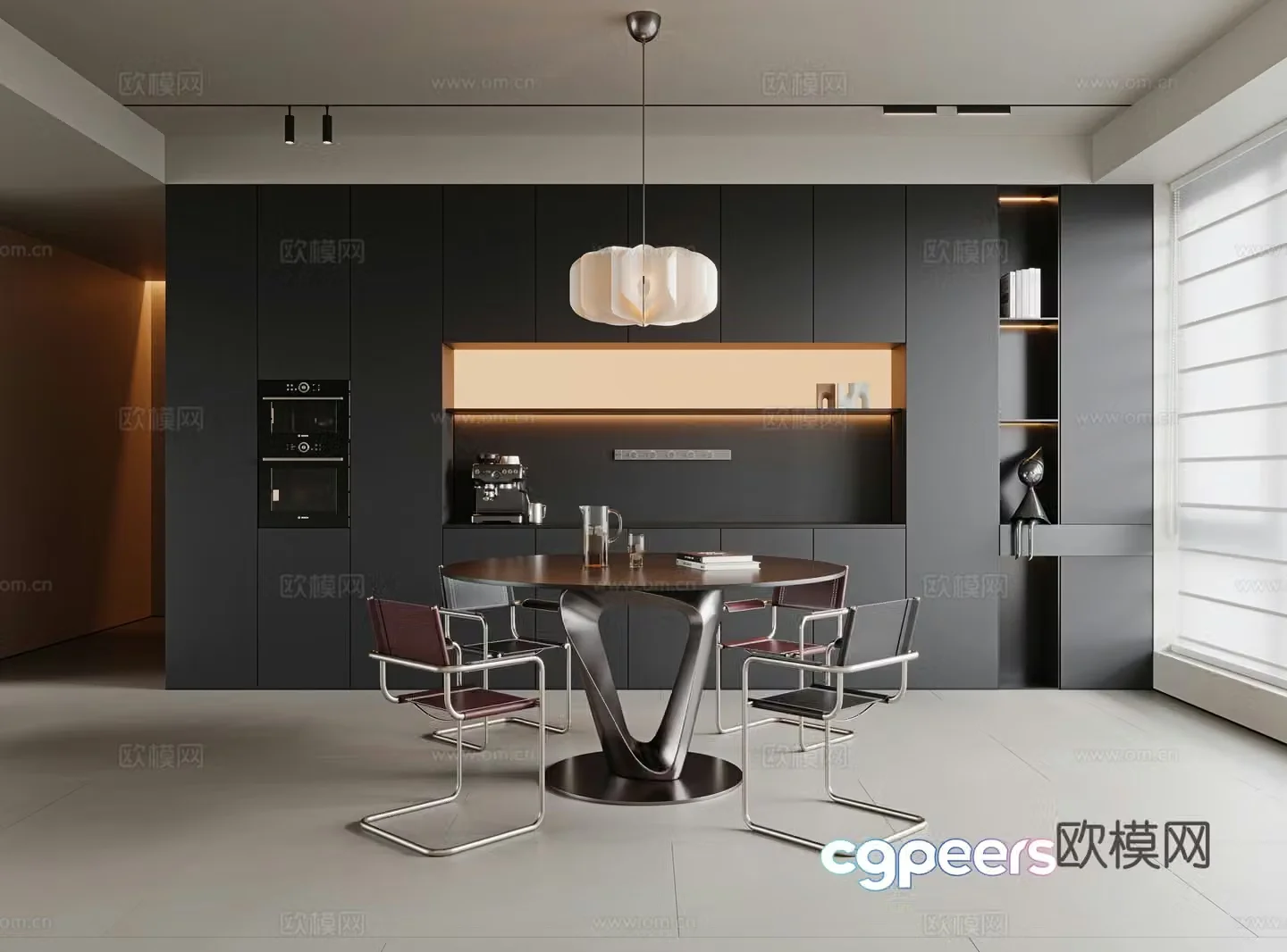 Italian minimalist restaurant round dining table and chair metal dining table minimalist dining chair sideboard wine 3d model
