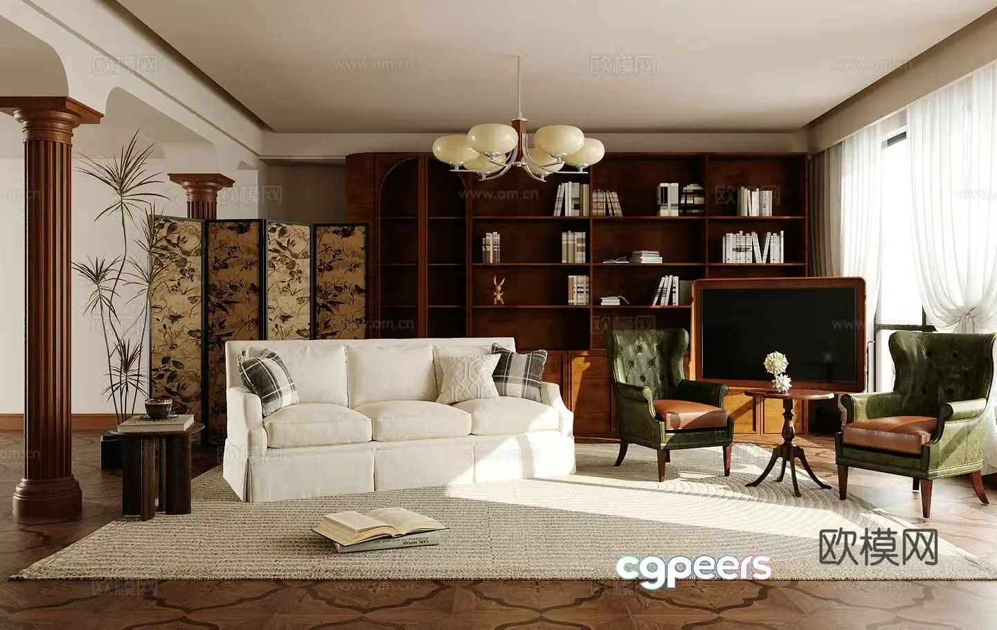 Medium-old home living room large living room solid wood bookcase sofa and coffee table combination 3D model