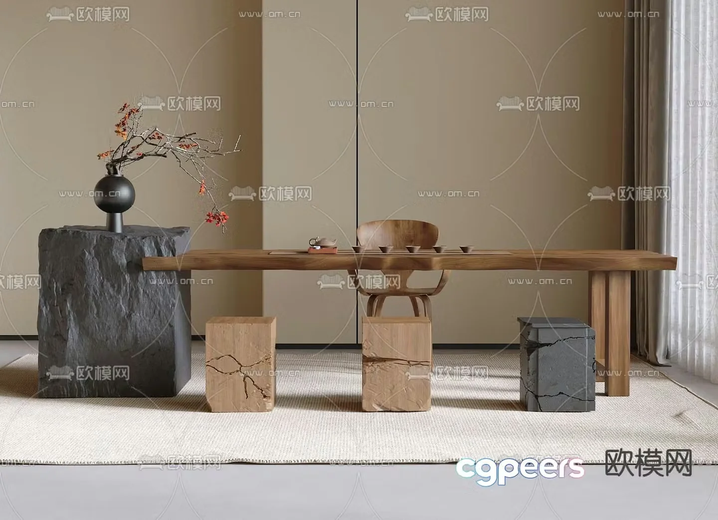 Modern tea table chairs stool solid wood tea table 3d model