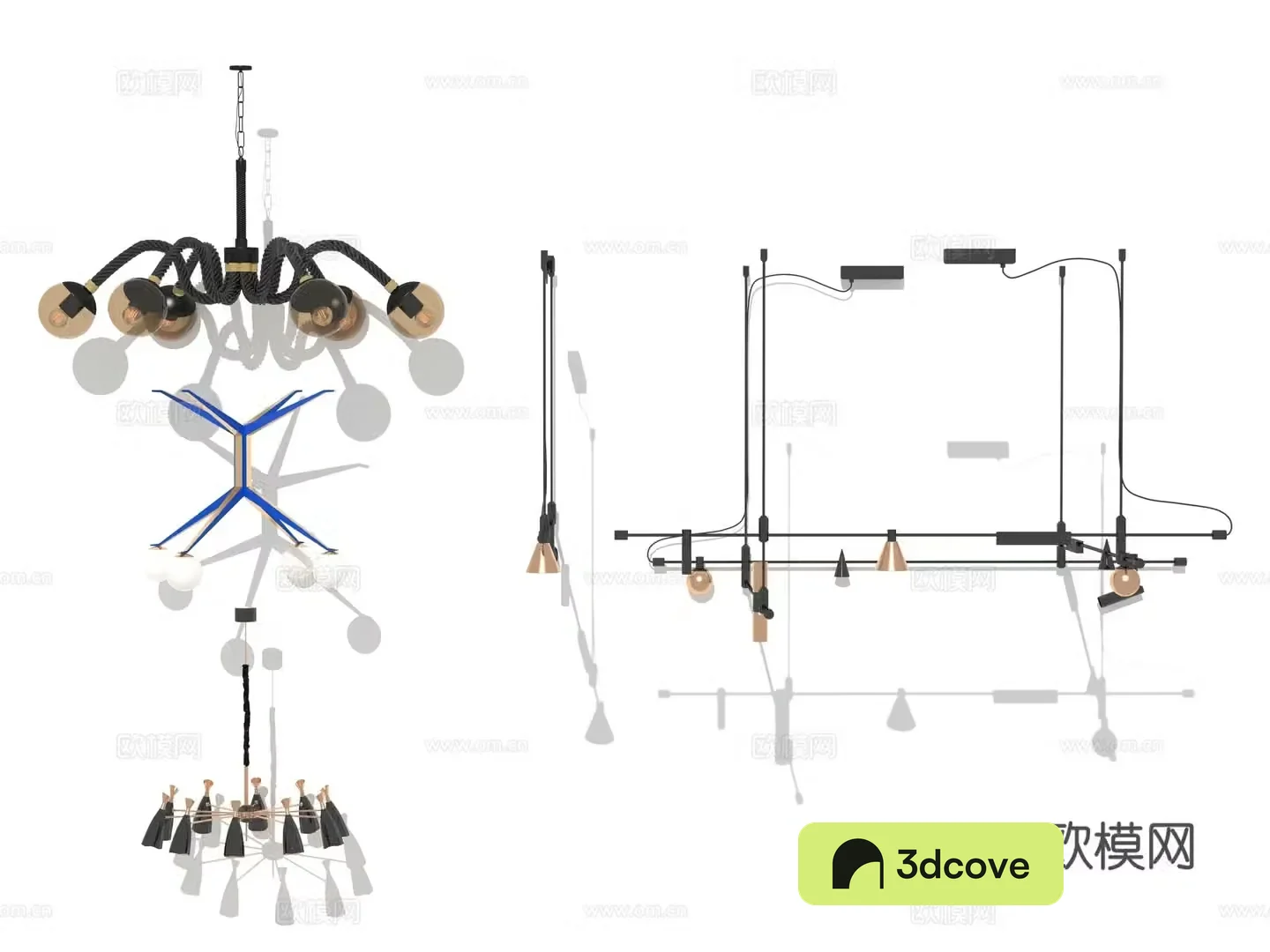 Modern Wasabi Lobby Hotel Living Room Linear Metal Cylinder Special-shaped Chandelier Combination 3D Model