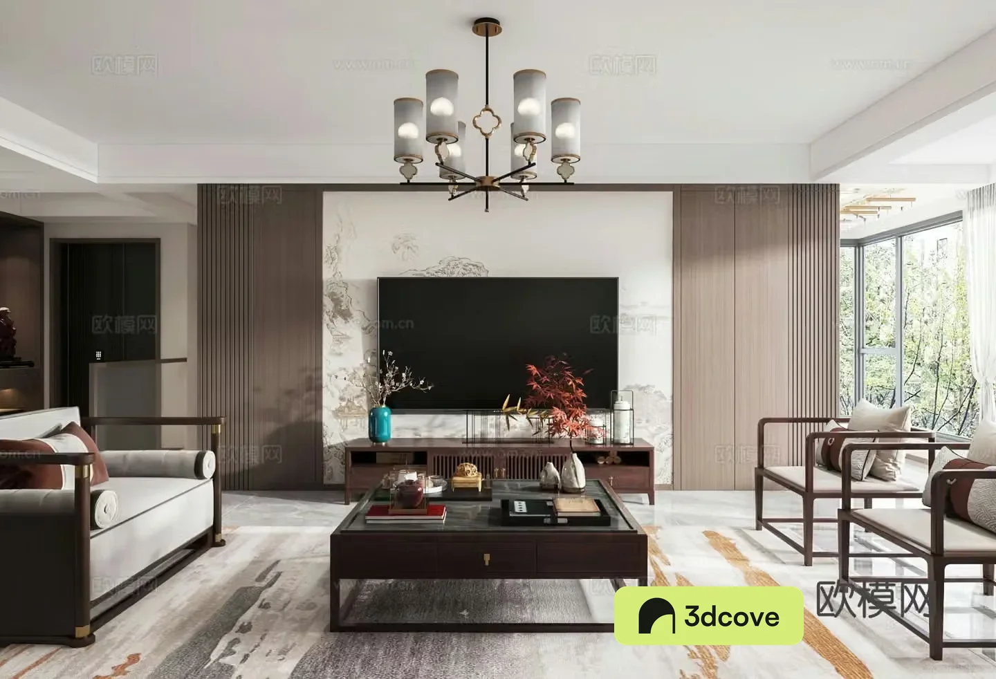 New Chinese style living and dining room open kitchen dry area TV wall staircase