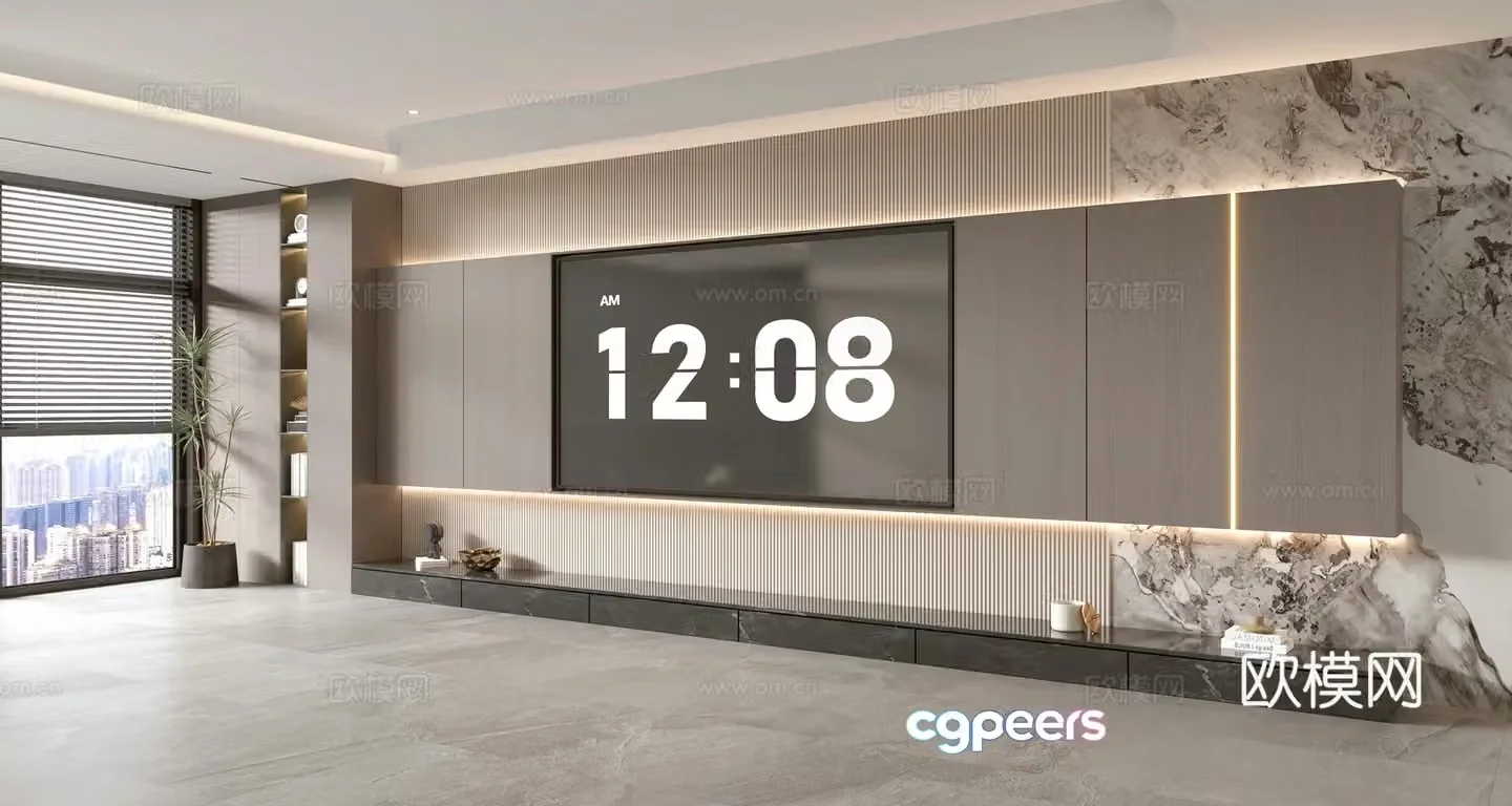 Modern Italian living room light luxury TV background wall full wall TV cabinet marble background wall 3d model