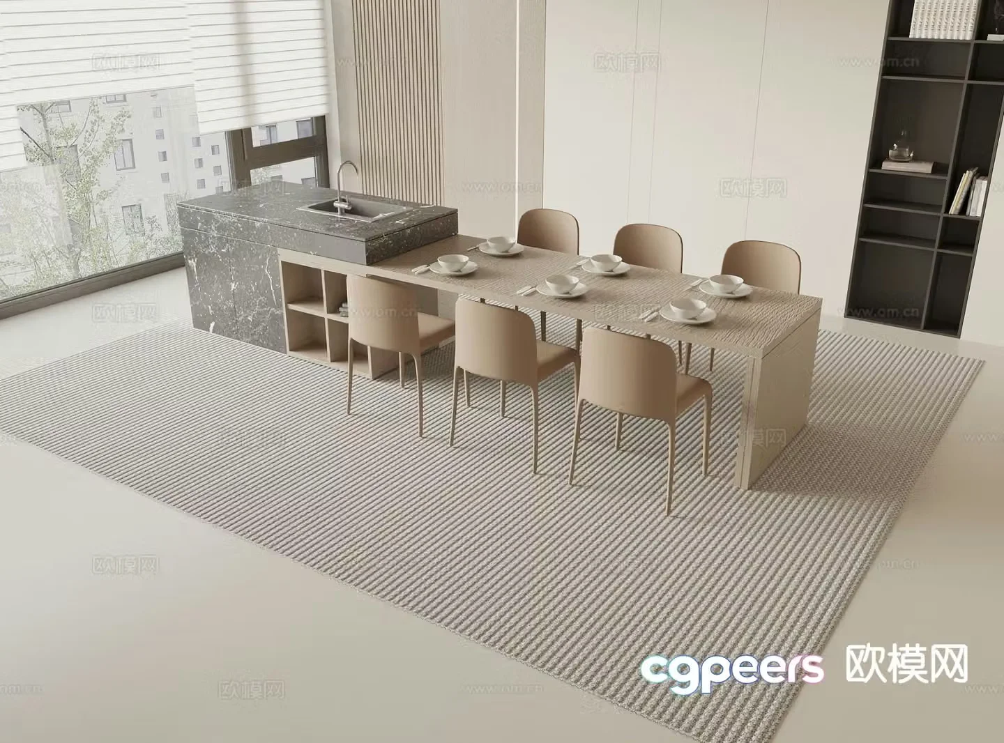 Modern island table dining table and chairs 3d model