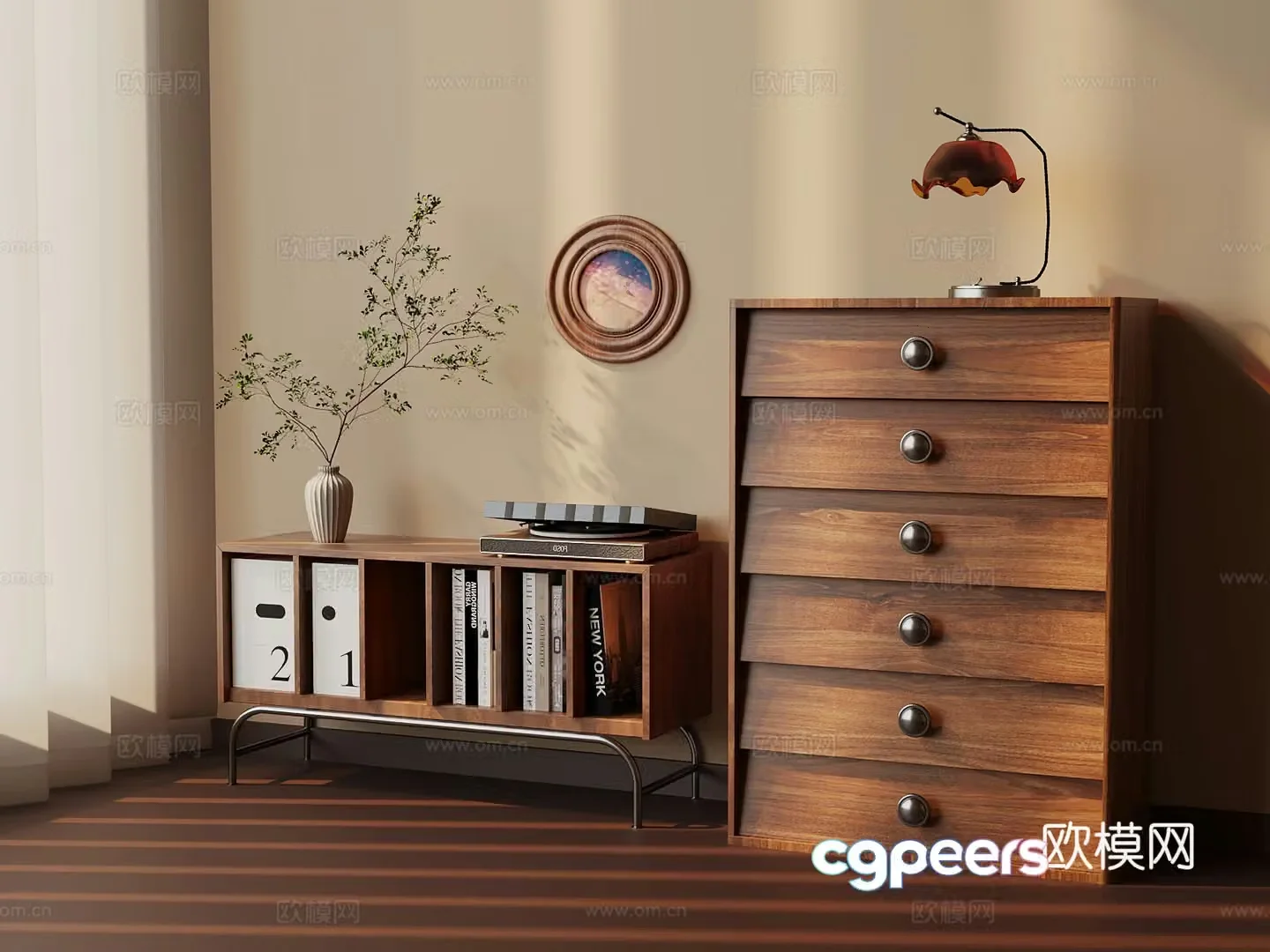 Middle-aged style chest of drawers side cabinet high cabinet 3D model