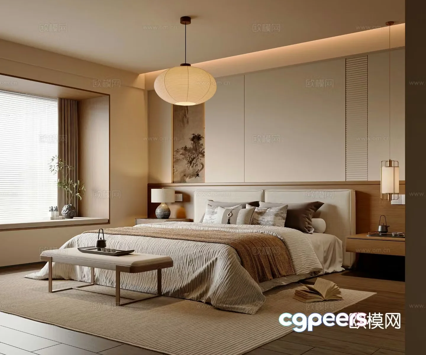 New Chinese style Chinese bedroom double bed new Chinese style chandeliers new Chinese style desk lamp bedroom accessories ornaments 3D model