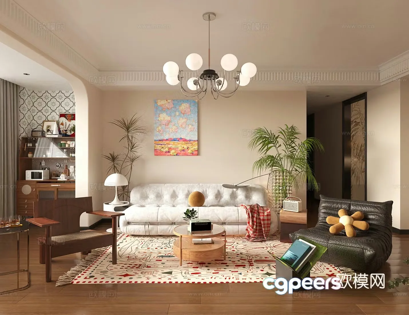 Middle style living room horizontal living room small living room sofa and coffee table combination retro style living room 3D model