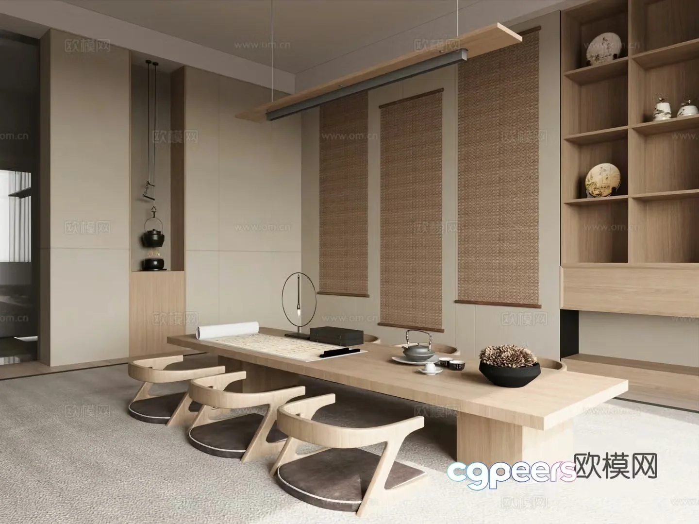 New Chinese-style tea room tea room cabinet short tea table and chair 3D model