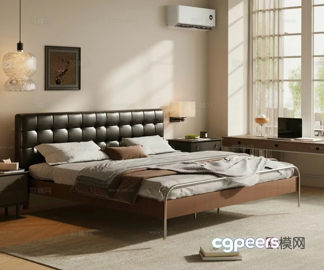 Middle-aged double bed Black leather bed Leather bed Black bed Middle-aged master bedroom Master bedroom bed 3D model