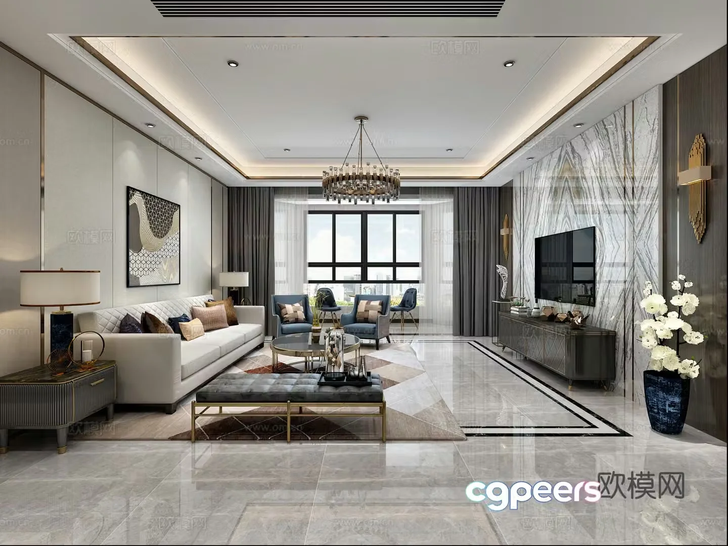 Modern light luxury living and dining room kitchen 3d model