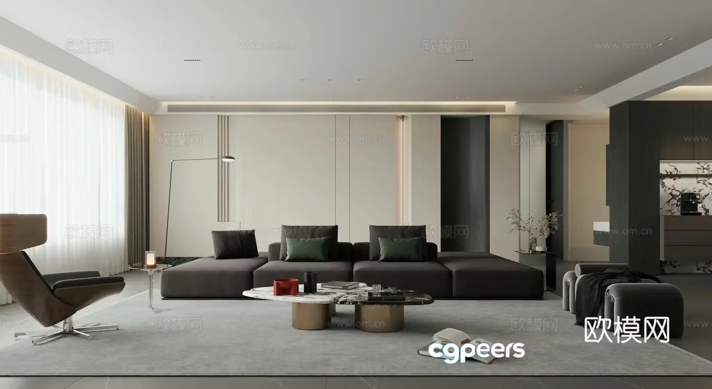 Modern Italian simple living room horizontal hall large flat floor black and white living and dining room 3D model