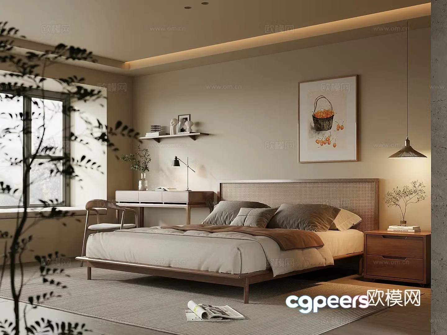 Middle-aged home bedroom solid wood double bed bedside table solid wood desk and chair chandeliers 3D model