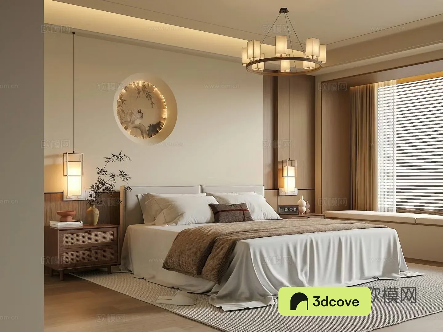 Song’s medieval style bedroom double bed combination bedside table chandeliers green plants ornaments background