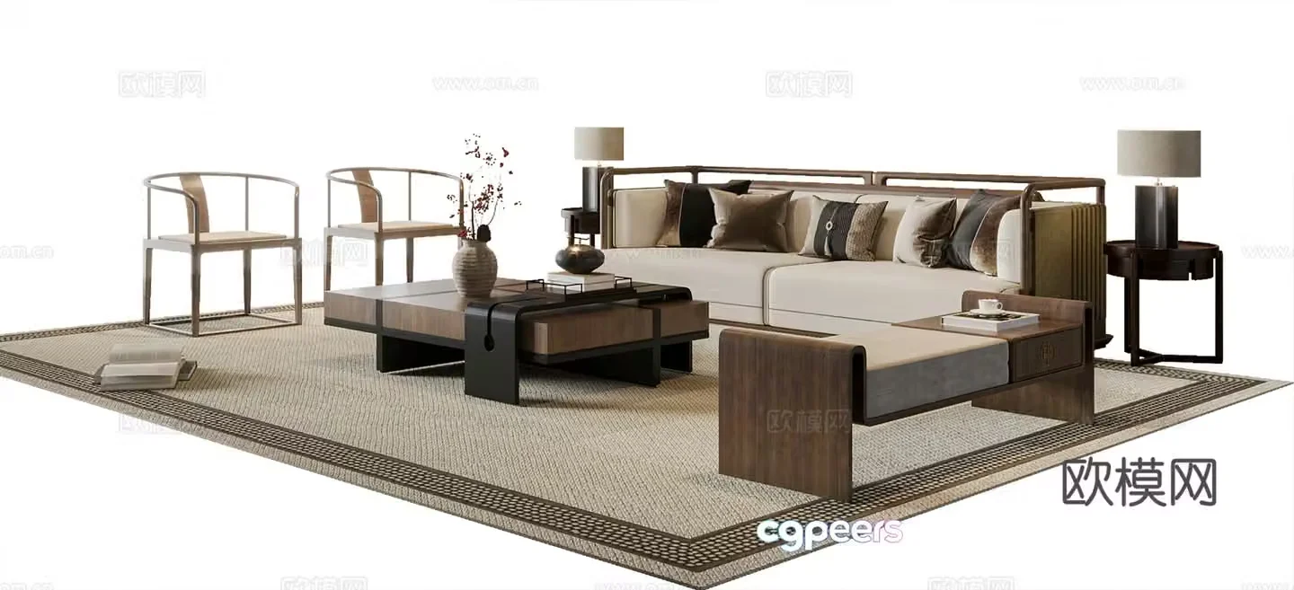 Now the new Chinese sofa coffee table combination leisure chair three-person sofa sofa stool floor lamp 3D model