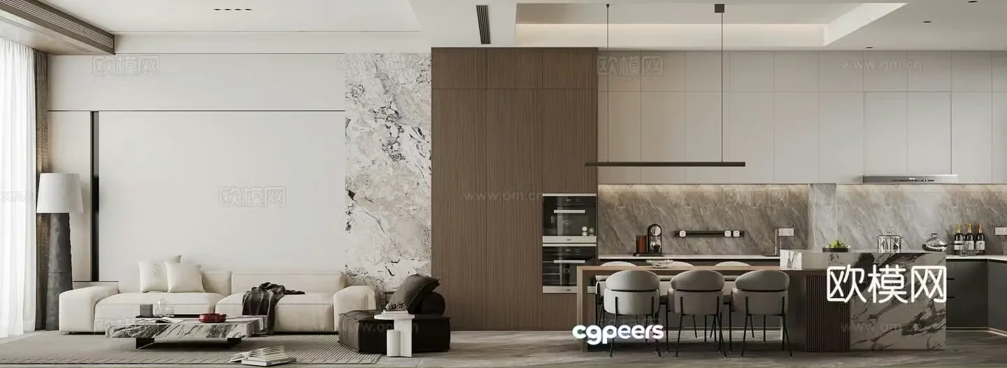 Modern villa living and dining room 3d model