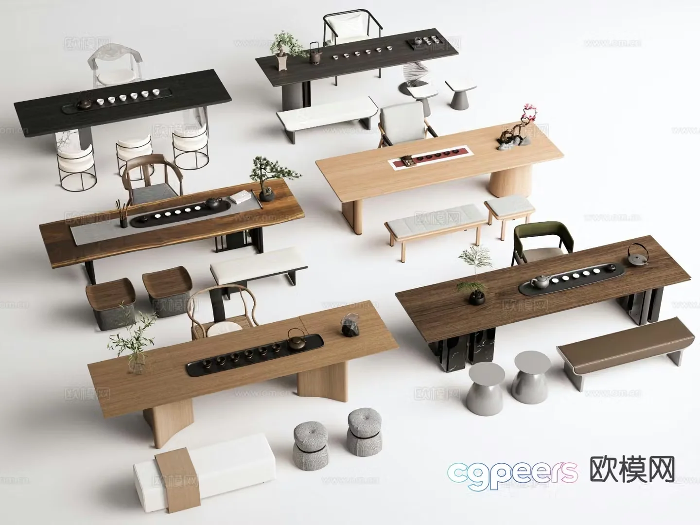 New Chinese tea table and chairs 3d model