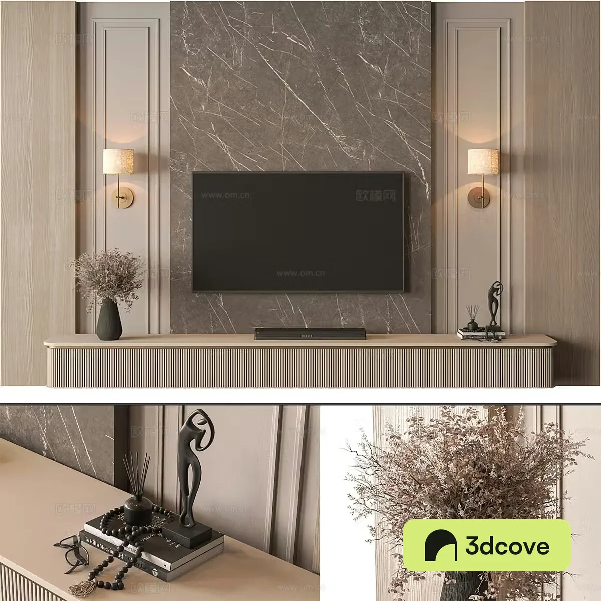 New Chinese style Wasabi living room TV background wall 3D model