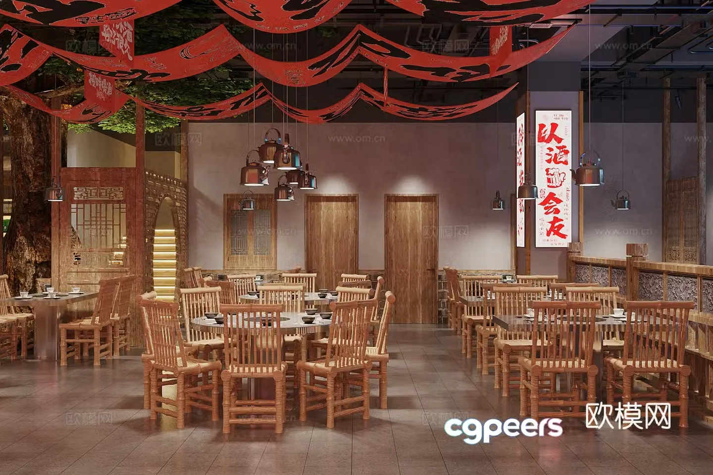 New Chinese tea restaurant New Chinese hotpot restaurant New Chinese barbecue barbecue restaurant bamboo weaving table and chair combination 3D model
