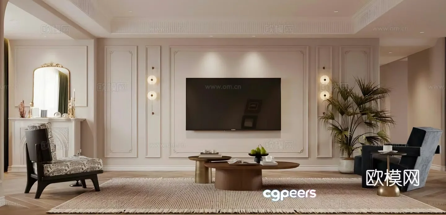 French home living room living room background wall gypsum cable TV background wall French retro style living room 3d model