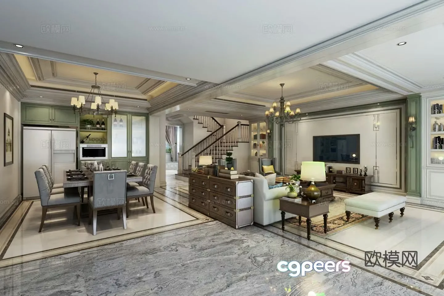 Simple European living and dining room sofa coffee table TV cabinet chandelier dining table chair 3d model