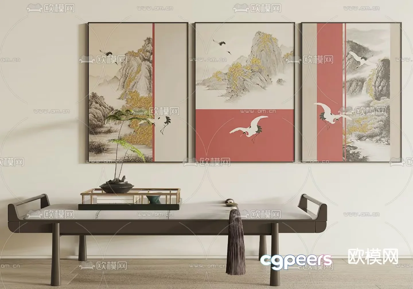 A Modern Dining Room With A Large Table And Three Paintings On The Wall 3D Model – 9781 – VRAY Render