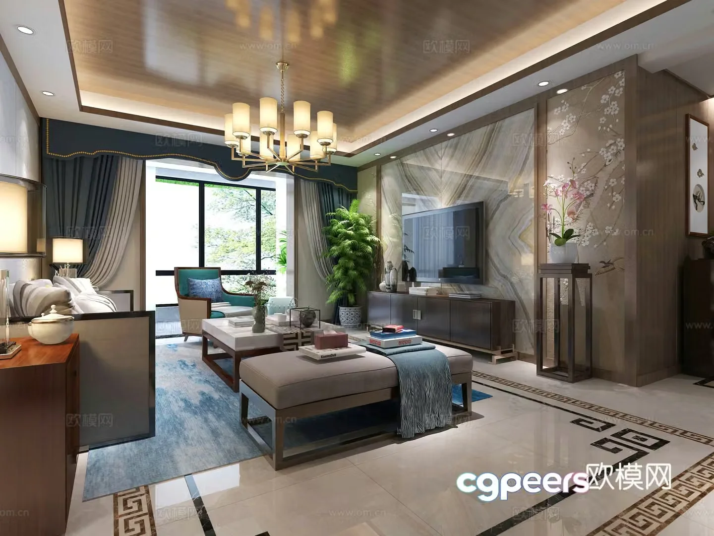 New Chinese style living and dining room sofa coffee table chandelier TV cabinet 3D model