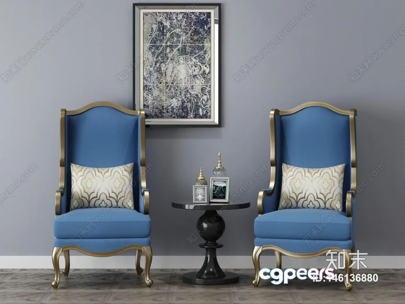A Pair Of Blue And Gold Chairs 3D Model – 4731 – VRAY Render