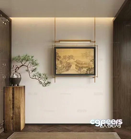 A Minimalist Asian-Inspired Room With A Hanging Painting Wooden Cabinet And P 3D Model – 10784 – VRAY Render