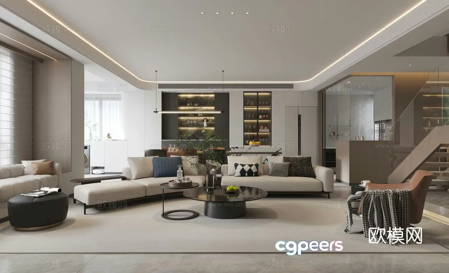 Modern light luxury living and dining room 3D model