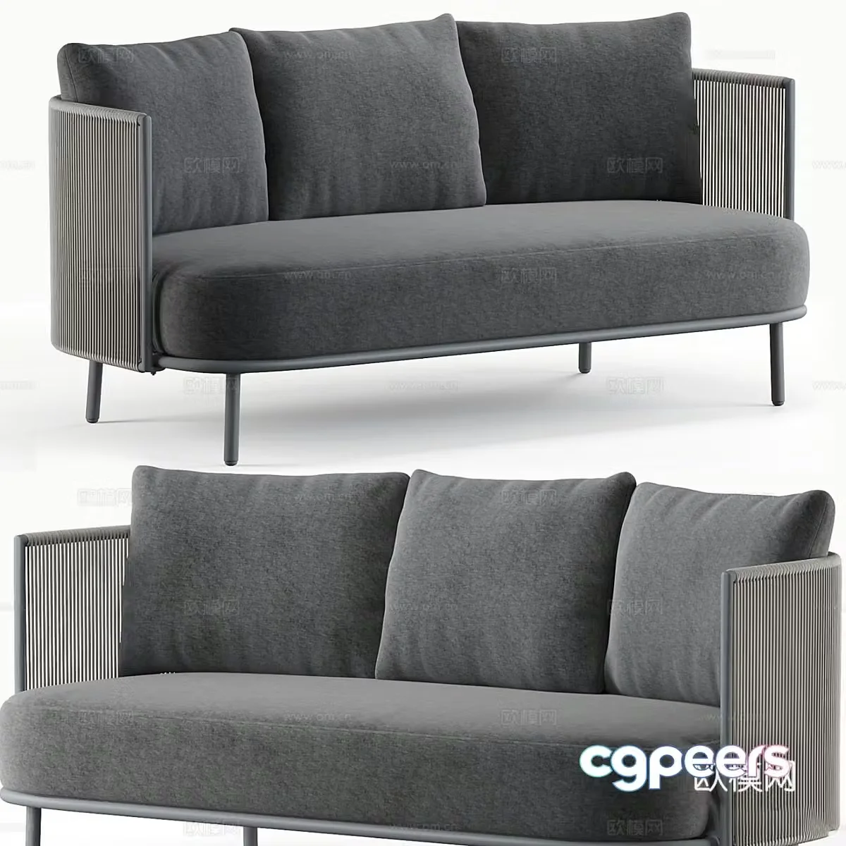 New Chinese style Zanotti grey rope and charcoal curved outdoor double sofa 3d model