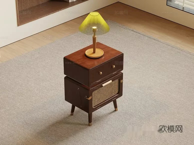 A Mid-Century Modern-Style Nightstand With A Lamp 3D Model – 14607 – VRAY Render