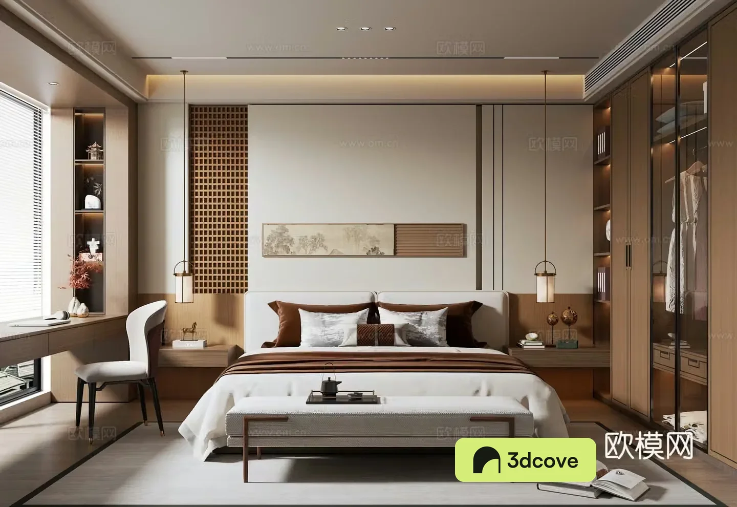 New Chinese style bedroom wardrobe background wall bay window desk wall lamp double bed