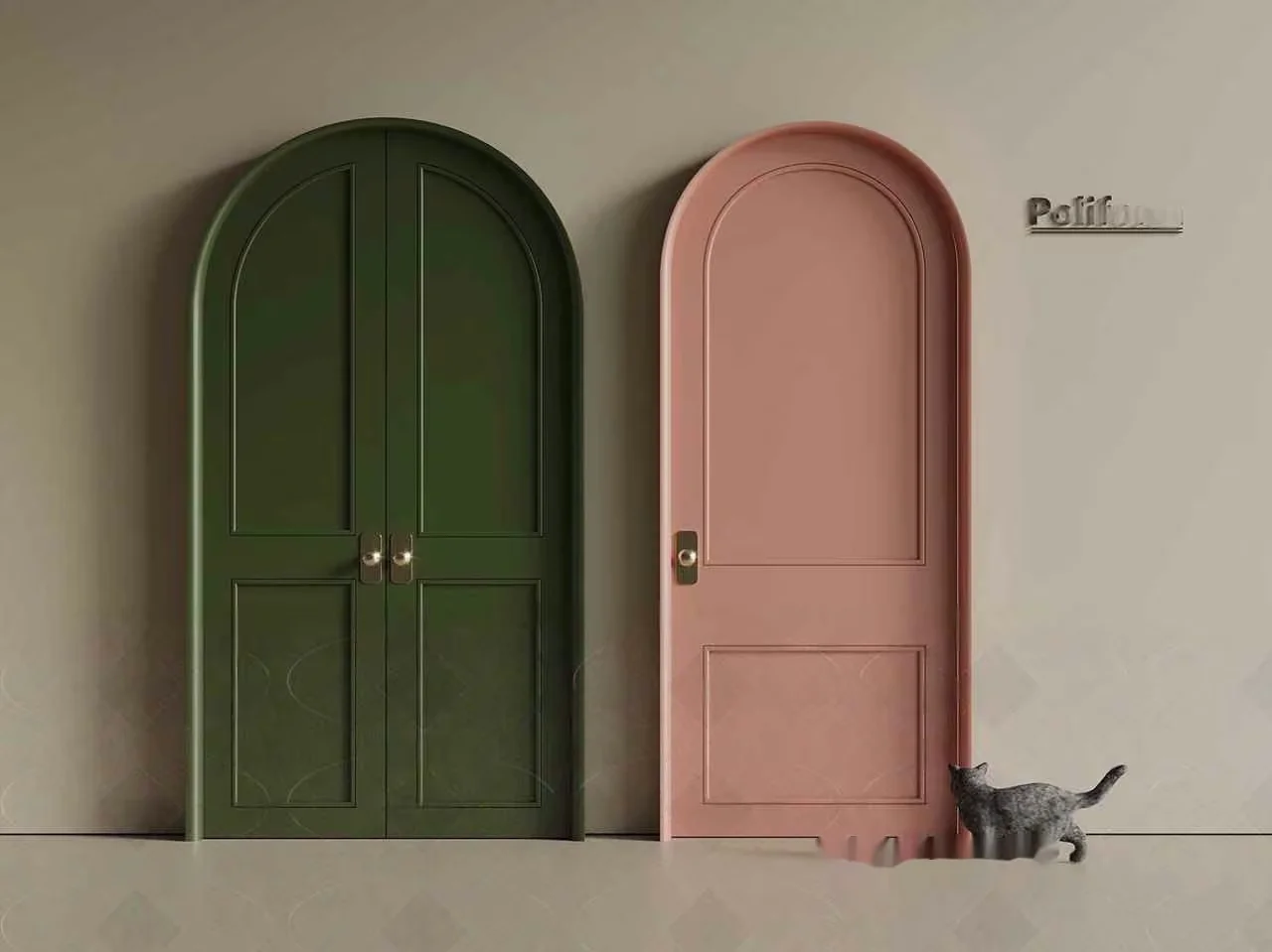 A Cat Standing In Front Of Two Doors 3D Model – 19766 – VRAY Render