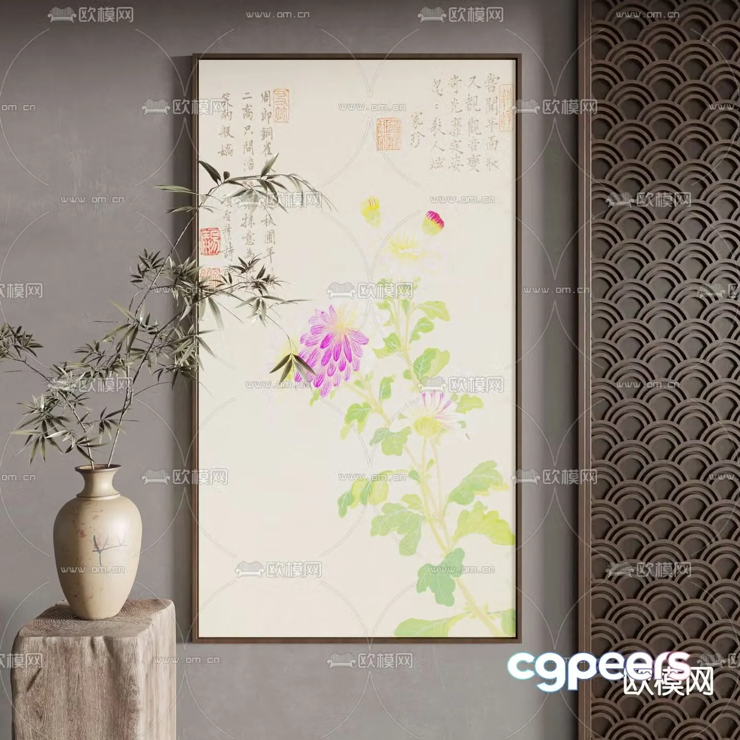 Chinese style flower and bird painting Zen hanging painting Decorative painting 3D model