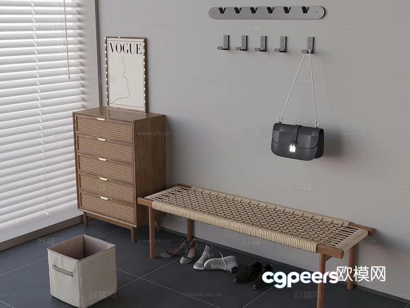 Middle-aged style rattan shoes changing stool rattan side cabinet storage cabinet Italian hook clothes hooks dirty bag 3D model