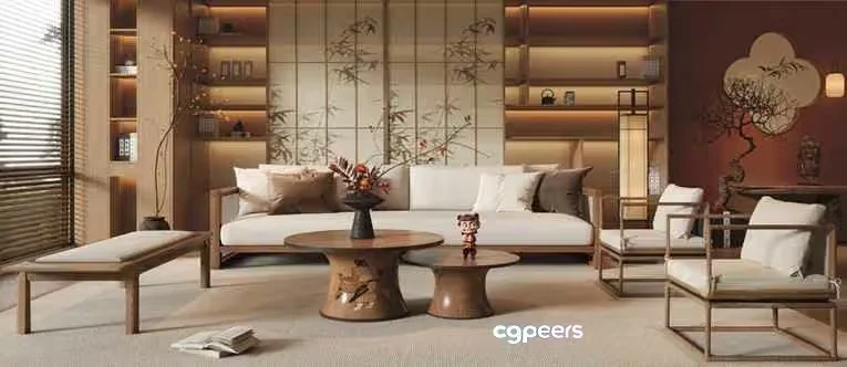 Modern Japanese-Inspired Living Room 3D Model – 6017 – VRAY Render