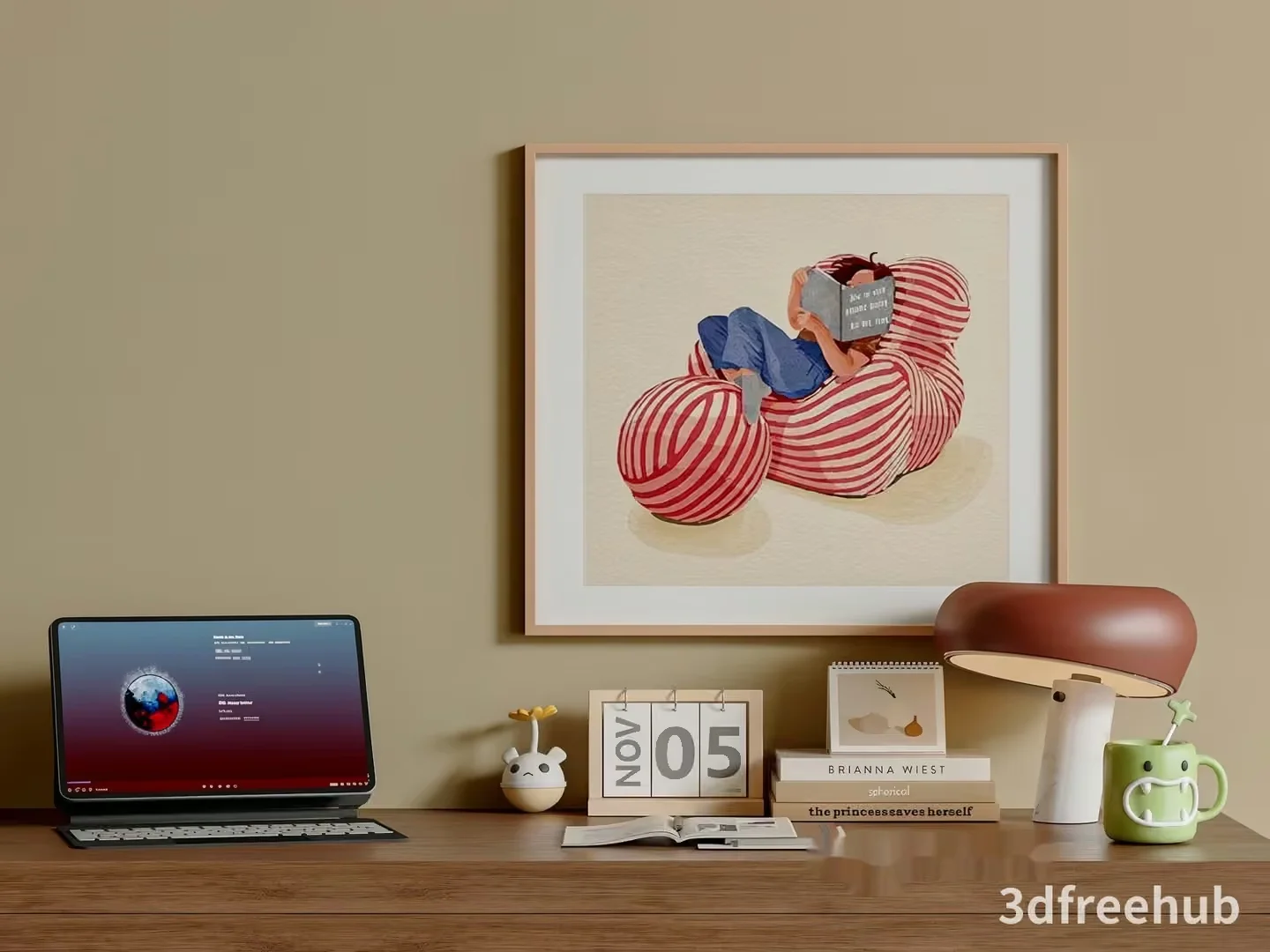A Desk With A Laptop Books And A Framed Picture 3D Model – 19618 – VRAY Render