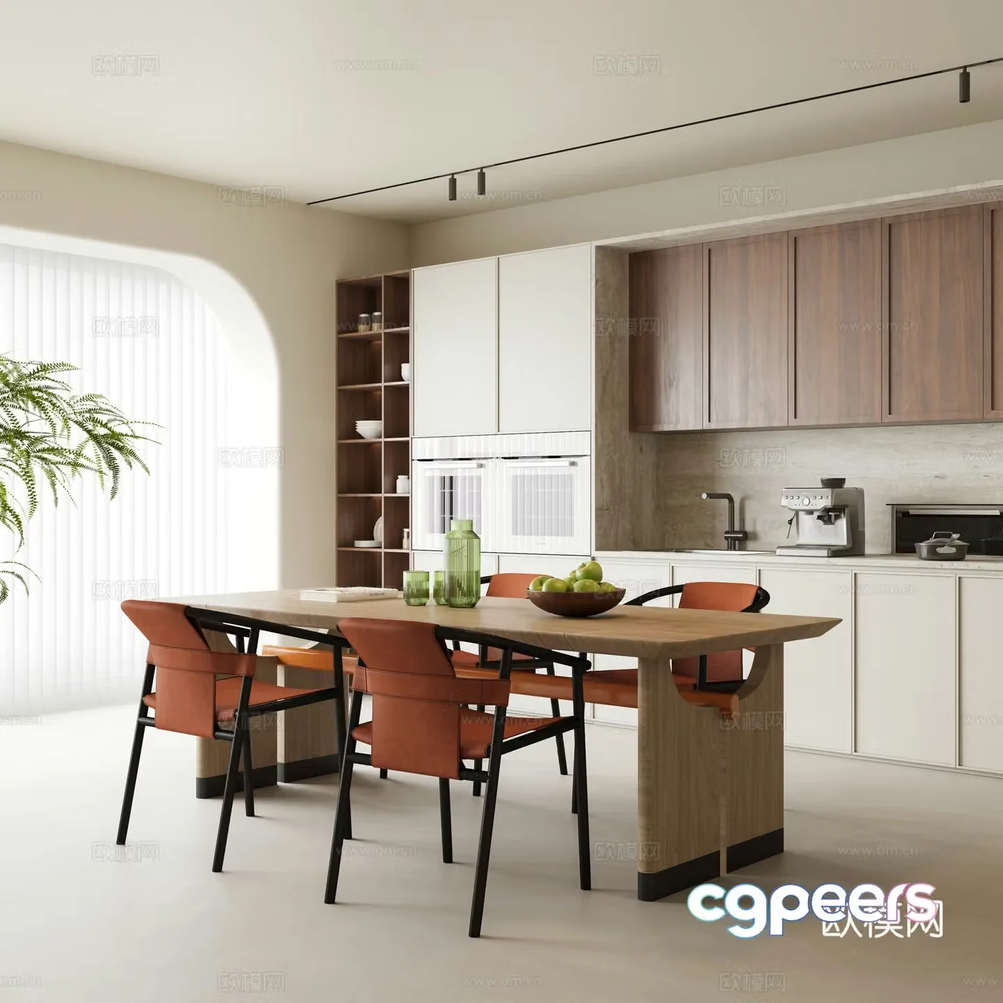 Modern medieval home restaurant solid wood dining table and chair combination wine cabinet one-line shape dreamy plant 3d model