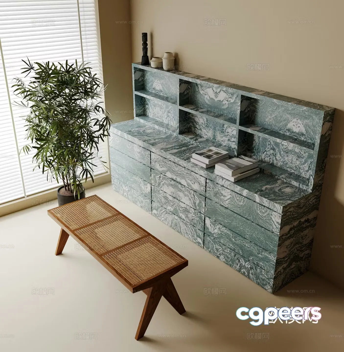 Modern sideboard low stool green plants ornaments 3D model