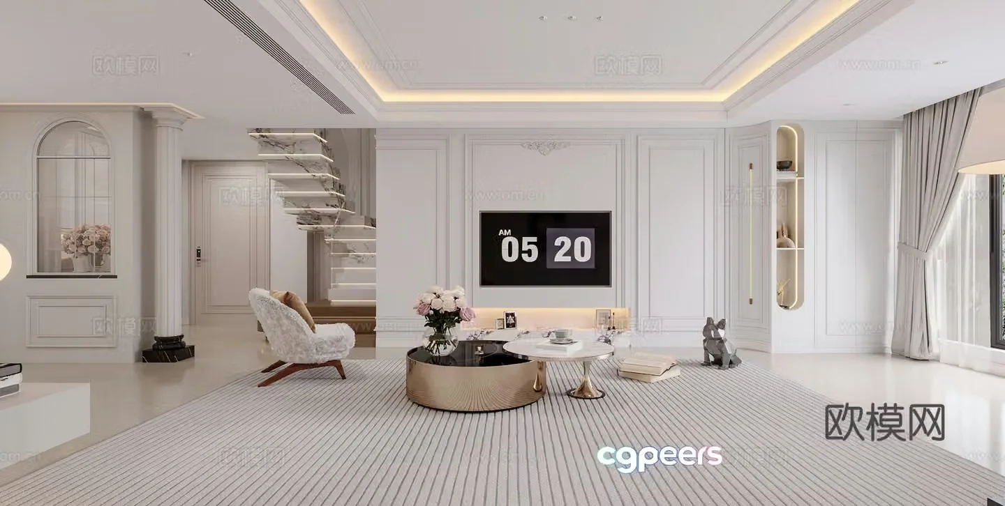 French living room TV background wall leisure chair coffee table light luxury modern living room staircase 3d model