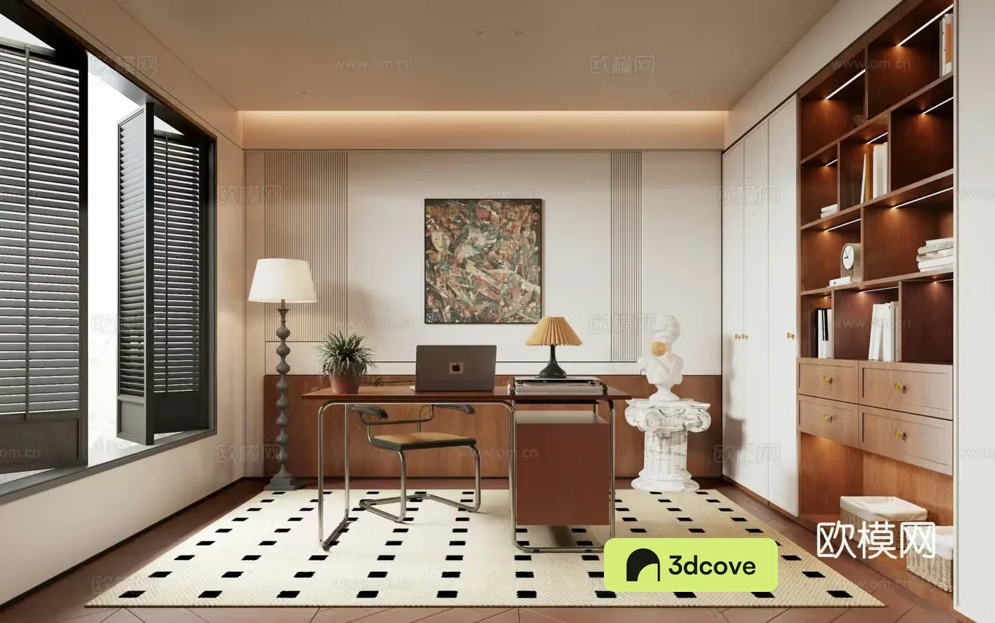 Modern medieval style study room wall-wide bookcase desk and chair decorative painting floor lamp sculpture