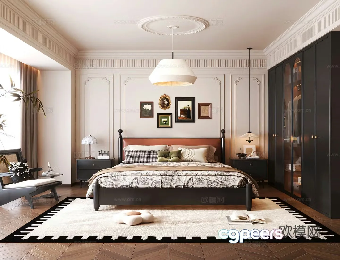 French medieval home bedroom French bed wardrobe bedside table decorative painting ornaments bedroom chandeliers 3d model