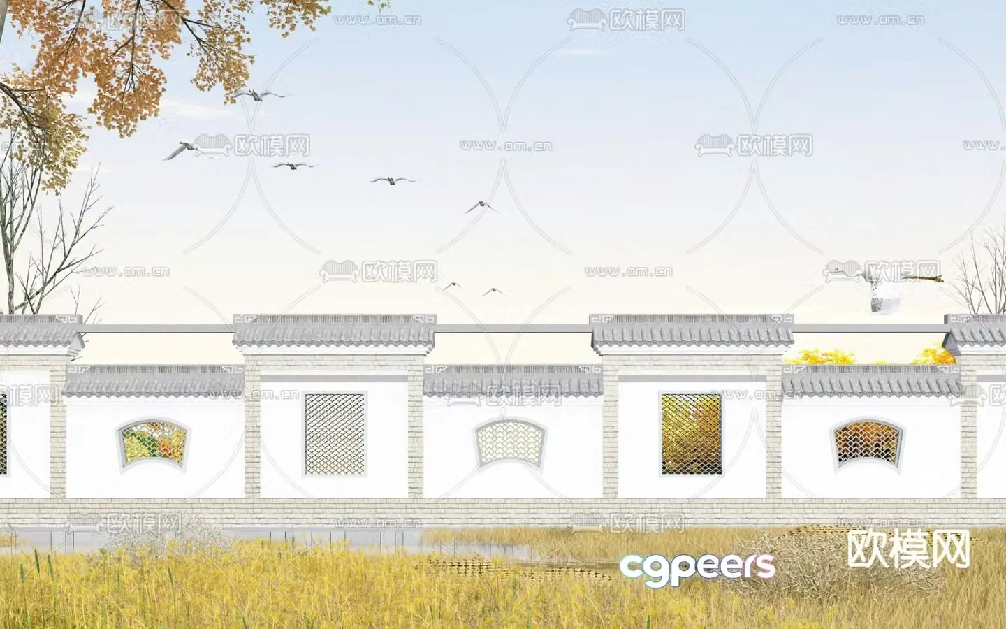 New Chinese style landscape wall 3D model of ancient building landscape wall