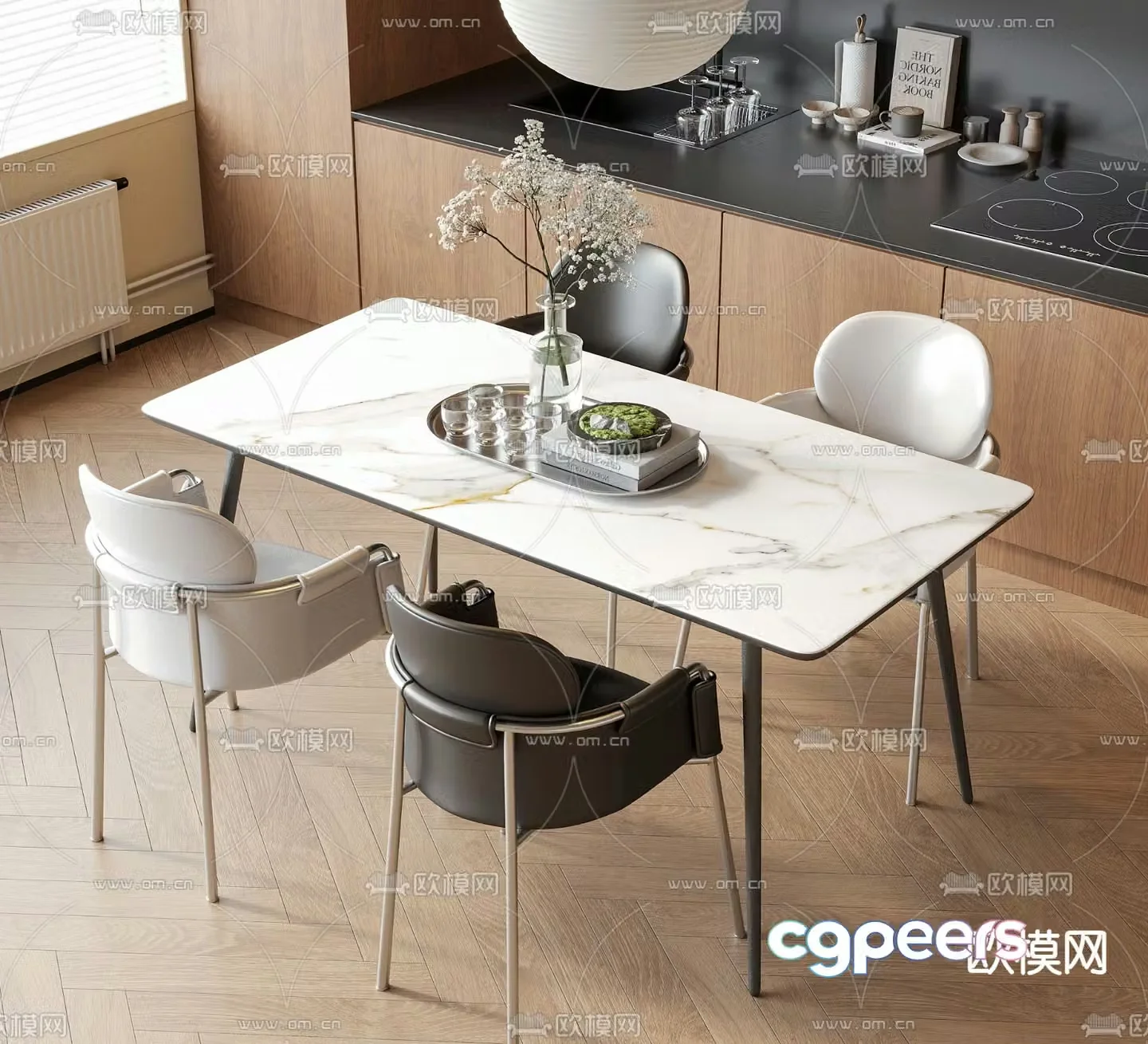 Modern dining table and chairs rectangular dining table 3d model
