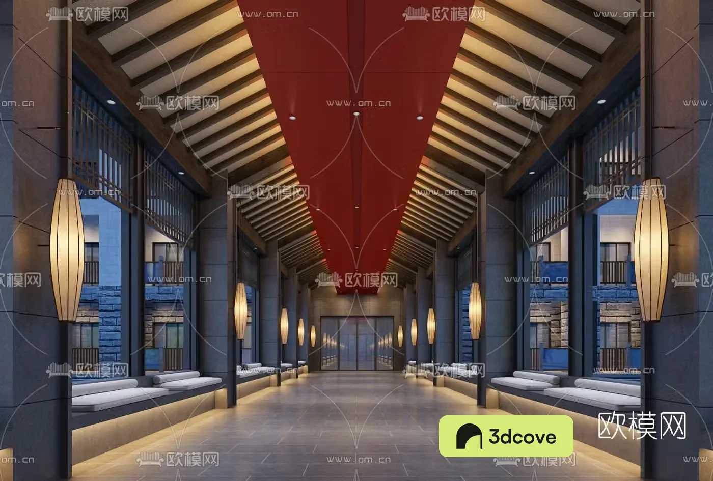 New Chinese-style hotel courtyard corridor