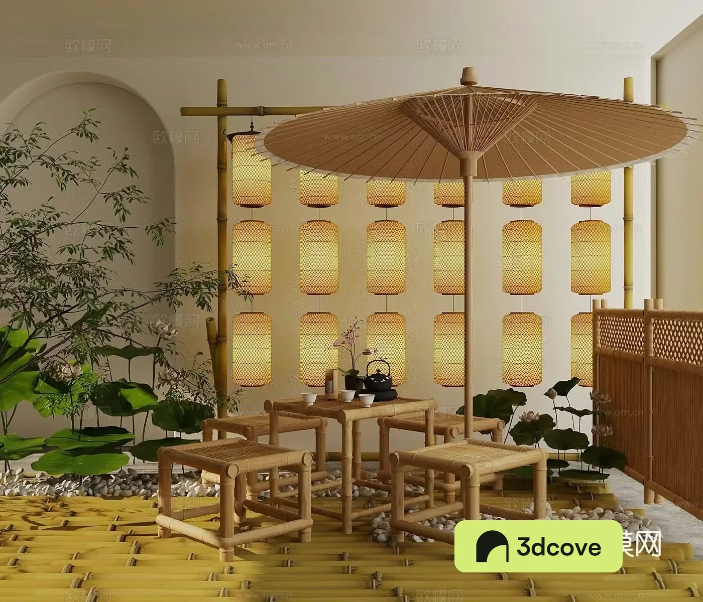 New Chinese style other chairs outdoor rattan chairs lotus oil paper umbrellas lantern combination bamboo fence