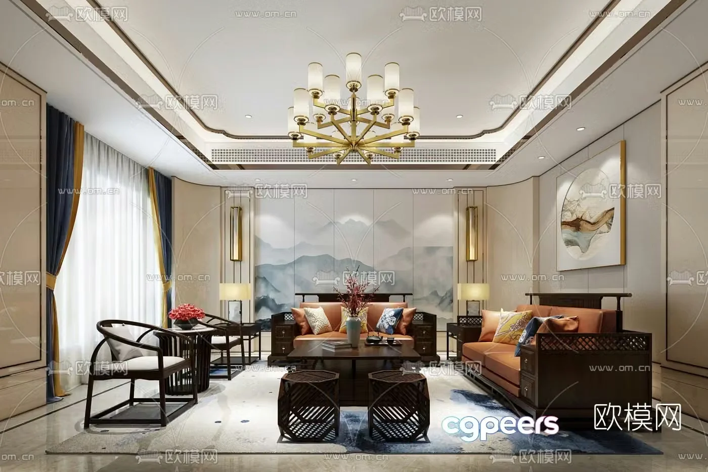 Hu Ge Design New Chinese Living Room 3D Model