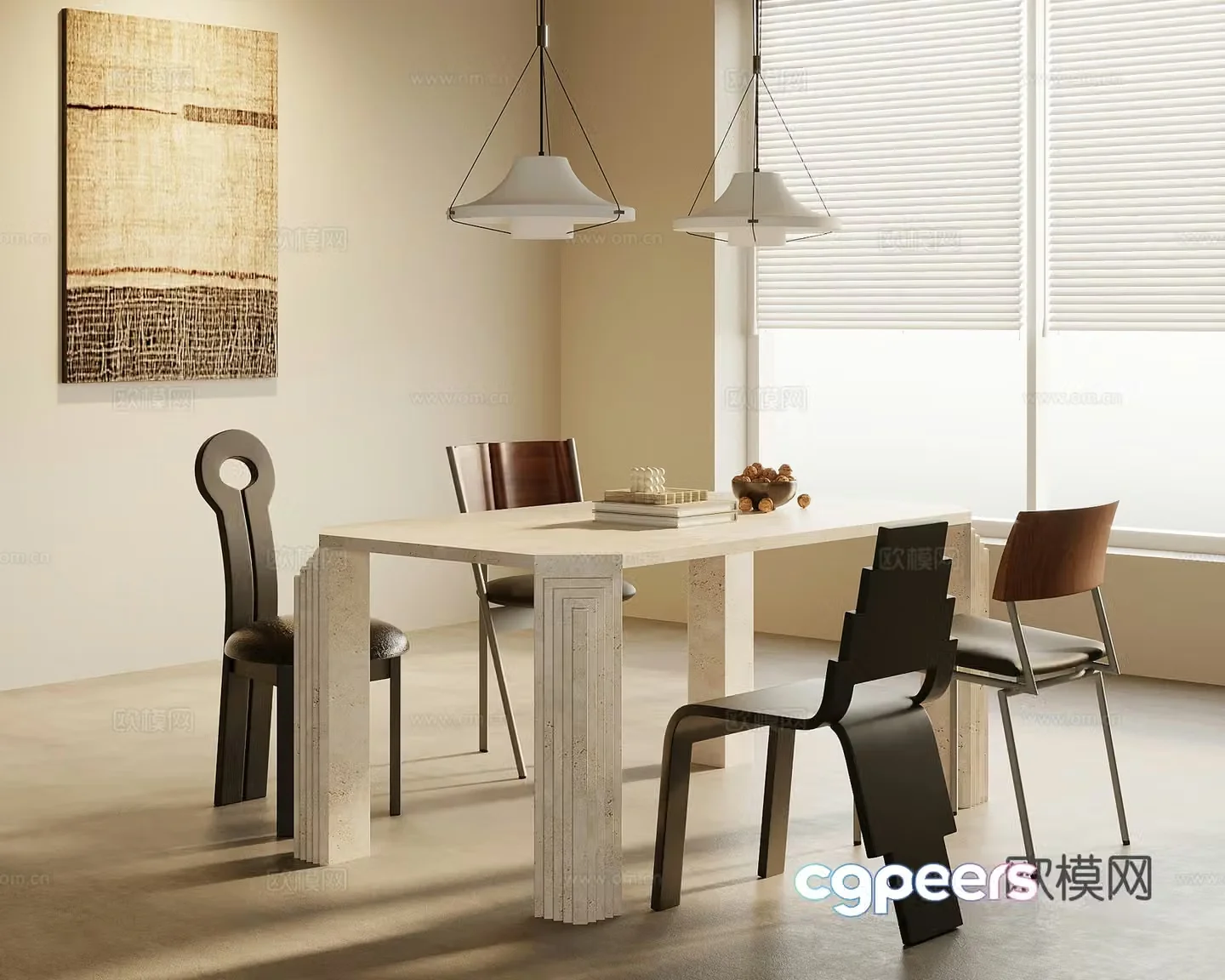 Middle style restaurant dining table and chair combination chandelier 3d model